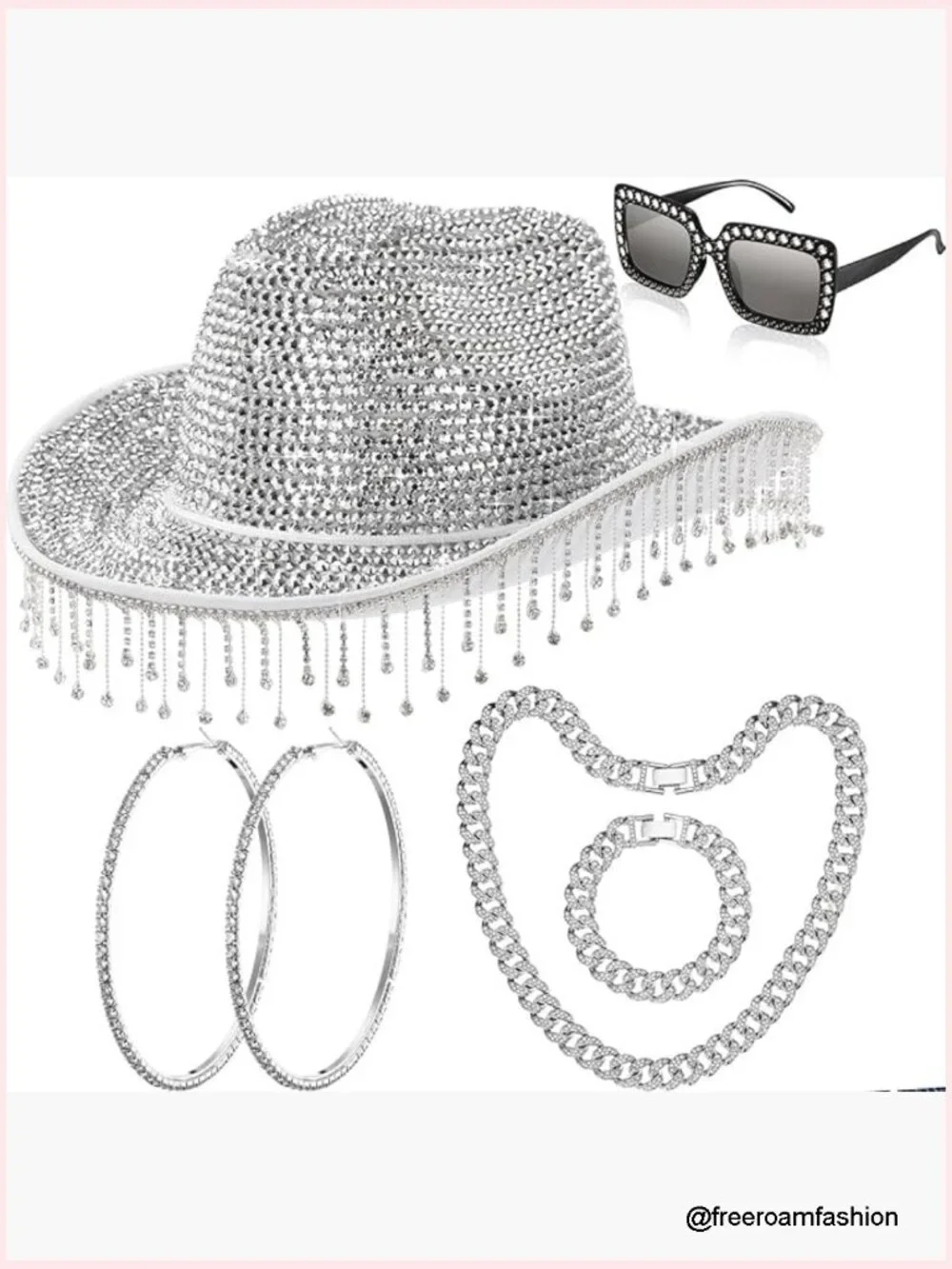 6pc Rhinestone Cowgirl Set with Bling Hat Sunglasses Necklace Bracelet Earrings